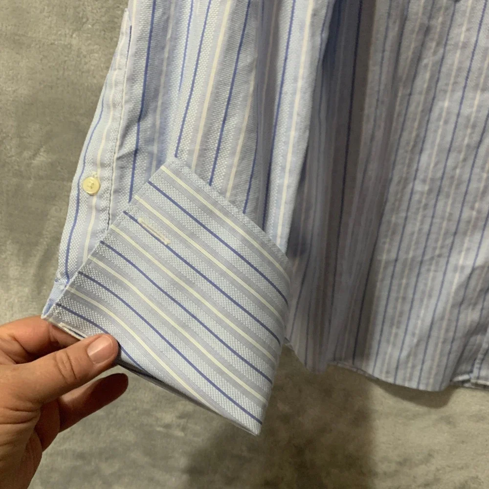 Banana Republic Mens Slim Fit Dress Shirt‎ 16-16.5 L Blue Stripe French Cuffs